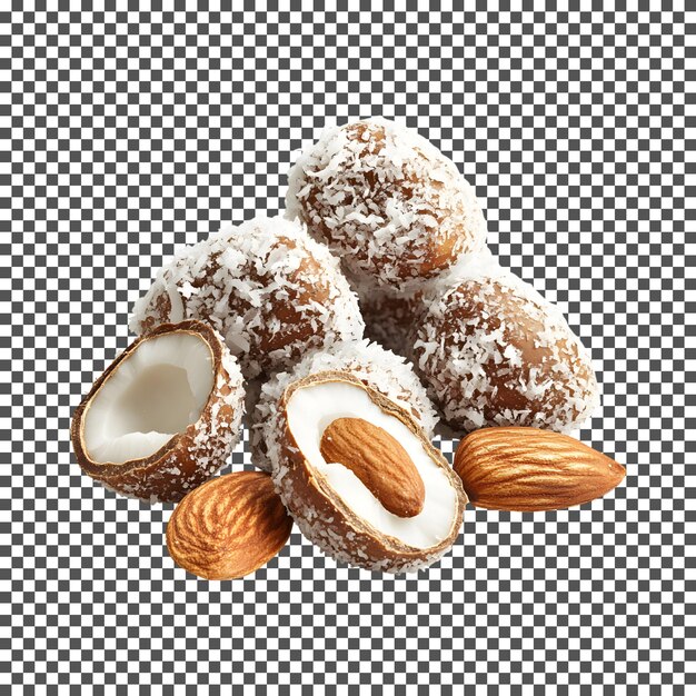 Sabrosas almendras recubiertas de coco aisladas sobre un fondo transparente