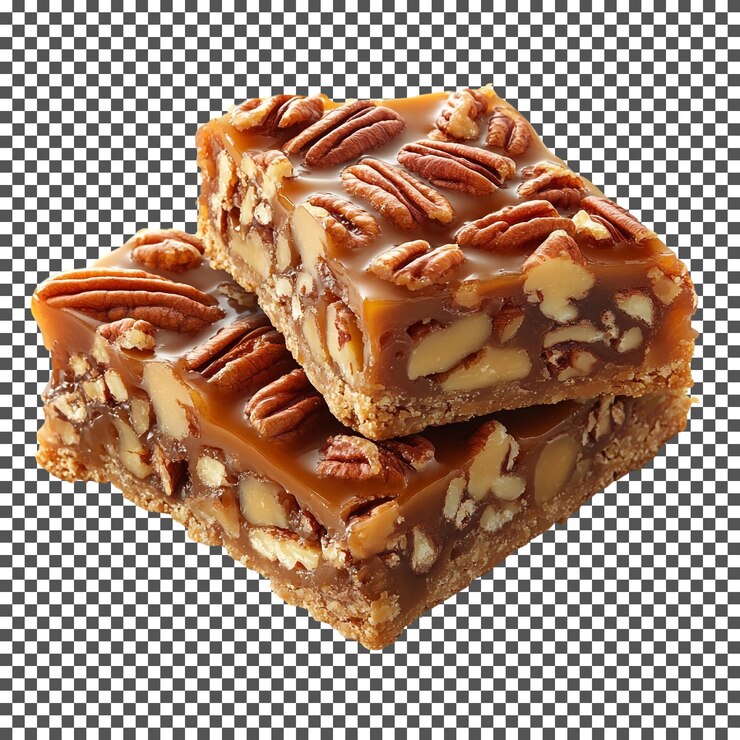 PSD sabrosas barras de caramelo y pecan aisladas sobre un fondo transparente