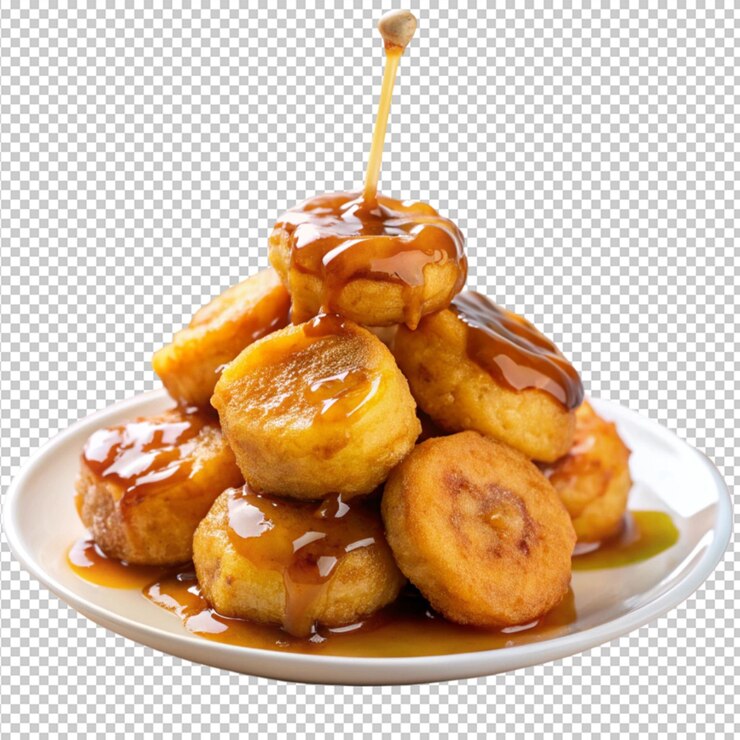 PSD sabrosas fritters de plátano bunia con llovizna de miel aislada sobre un fondo transparente