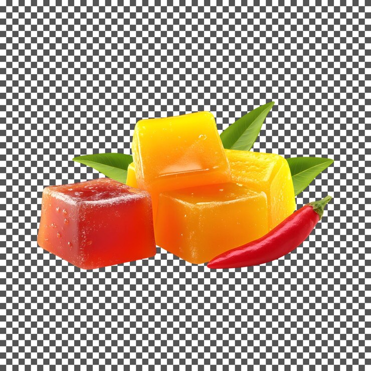 PSD sabrosas gomitas de mango y chile aisladas sobre un fondo transparente
