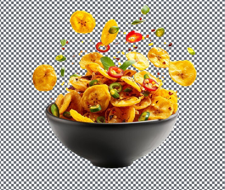 PSD sabrosas papas fritas de plátano con chile aislado sobre un fondo transparente