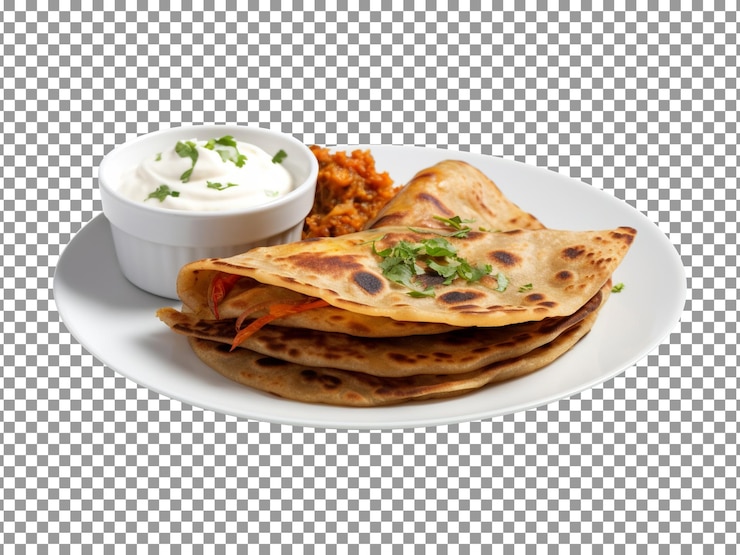 PSD sabroso aloo o papa paratha con salsas aislado sobre fondo transparente