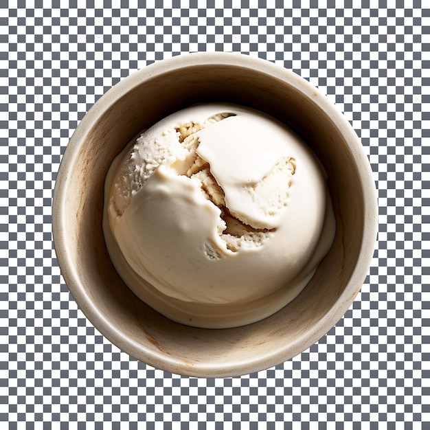 Sabroso helado de vainilla cremoso en un bol sobre un fondo transparente