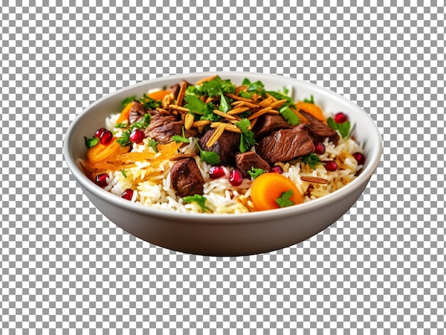 Sabroso kabuli pulao picante con carne de res y verduras sobre fondo transparente