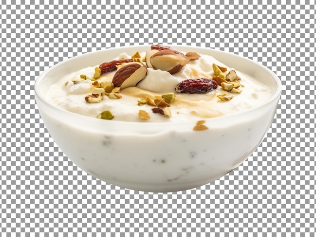 Sabroso kheer cremoso con diferentes nueces y pasas sobre fondo transparente