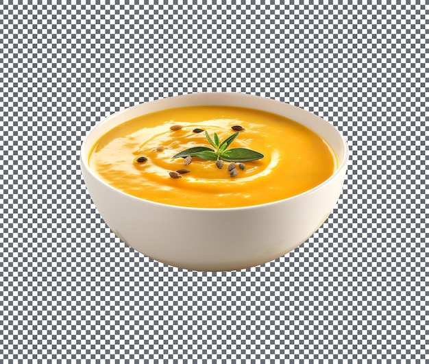 Sabroso plato de sopa de calabaza caliente aislado en un fondo transparente