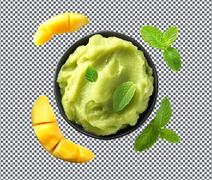 PSD sabroso puré de mango con menta aislado sobre un fondo transparente