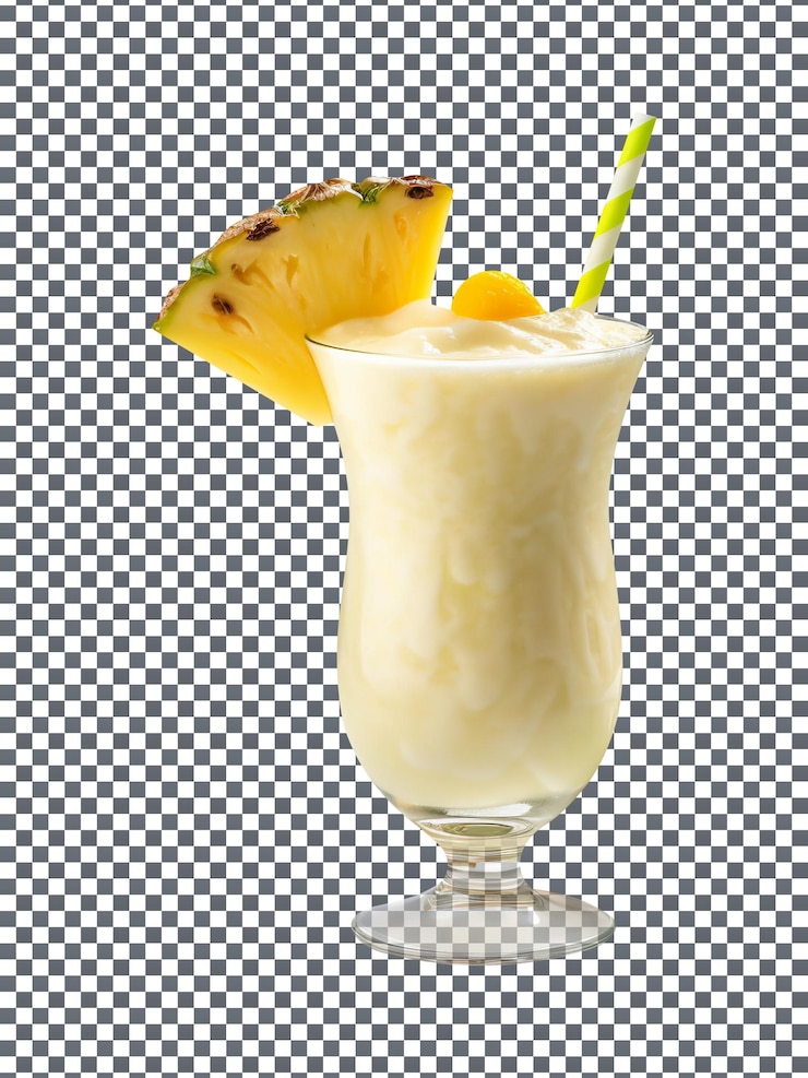 PSD sabroso vaso de piña colada con rodaja de piña aislado sobre fondo transparente