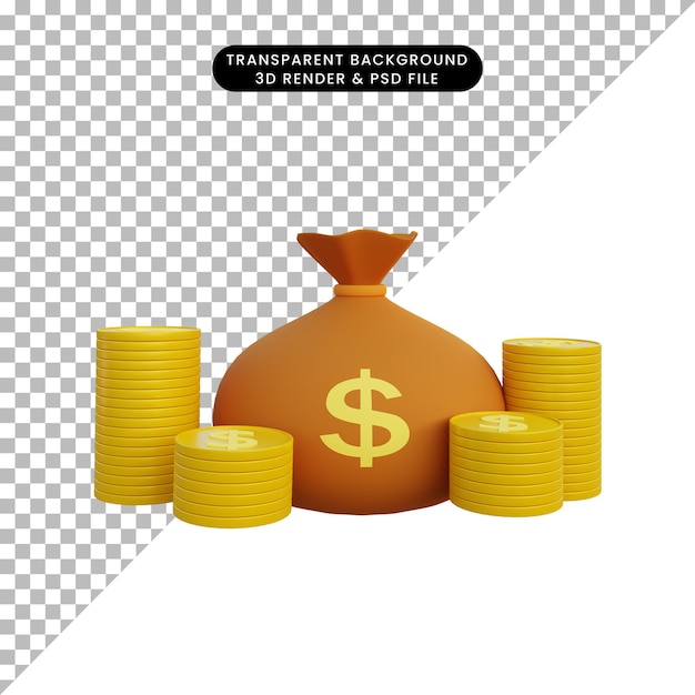 Sac d'argent illustration 3D et pile de pièces de monnaie