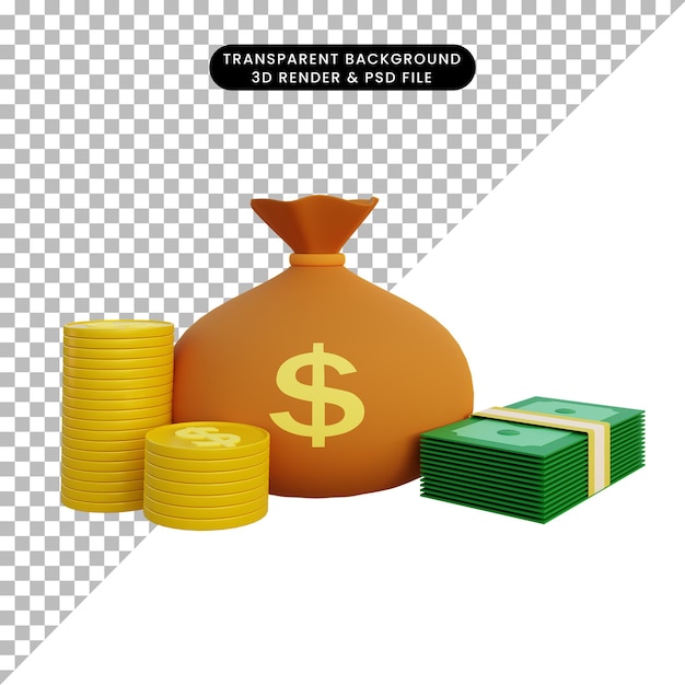 Sac d'argent illustration 3D et pile de pièces de monnaie