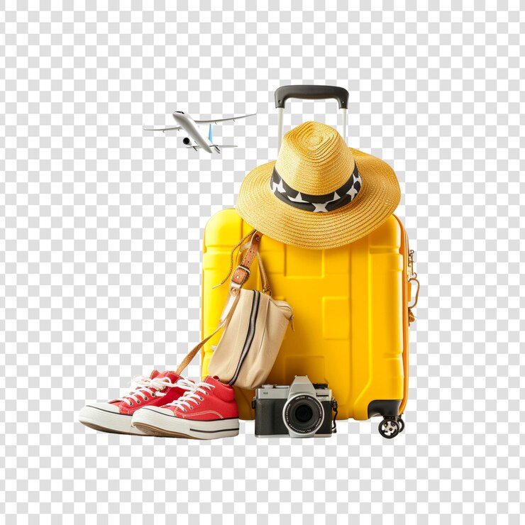 PSD sac à bagages jaune, chapeau, carte, caméra, chaussures, globe aérien sur un fond transparent