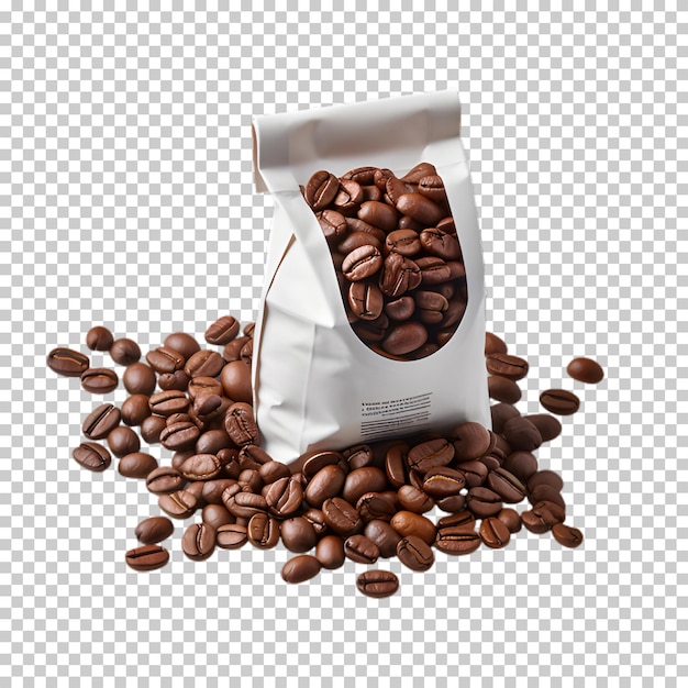 PSD sac à café avec des grains de café isolés sur un fond transparent