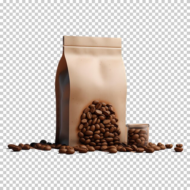 PSD sac à café avec des grains de café isolés sur un fond transparent