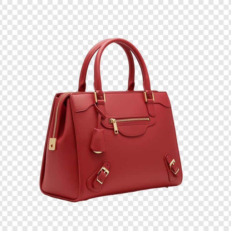 PSD sac en cuir rouge avec des accents dorés sur fond transparent