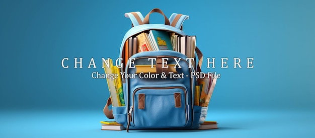PSD sac à dos scolaire complet avec des livres isolés sur fond bleu avec espace de copie