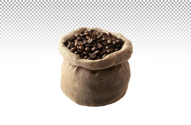 Un sac de grains de café est assis sur un fond transparent