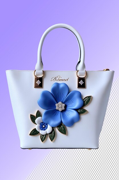 PSD un sac à main en cuir blanc avec une fleur bleue sur le devant