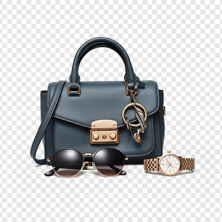 PSD un sac noir avec une montre et des lunettes de soleil isolées sur un fond transparent