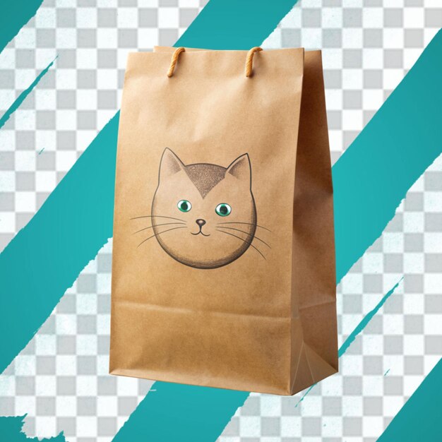 PSD un sac en papier brun plat avec un dessin d'un chat dessus