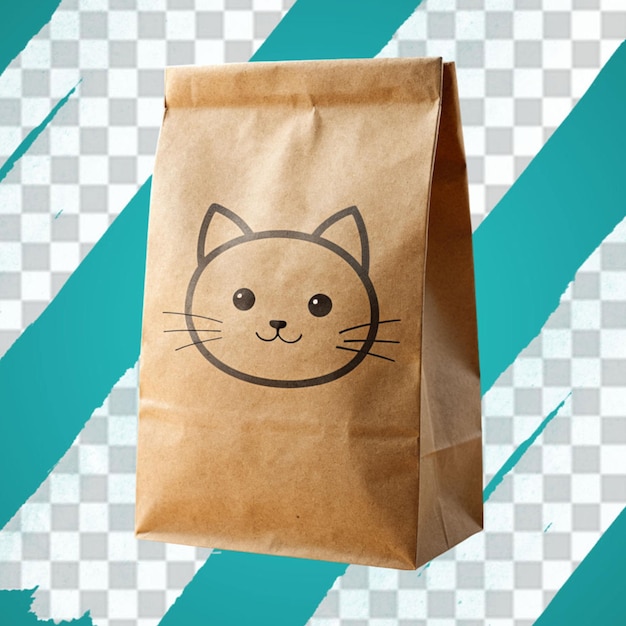 PSD un sac en papier brun plat avec un dessin d'un chat dessus