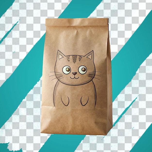 PSD un sac en papier brun plat avec un dessin d'un chat dessus