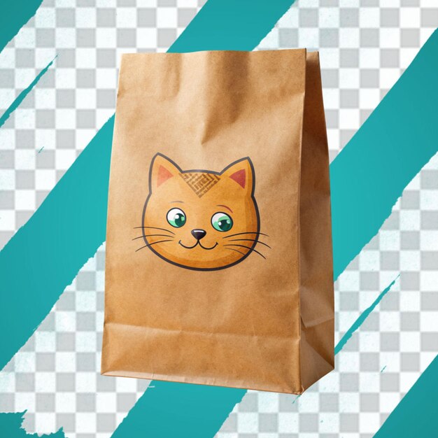 PSD un sac en papier brun plat avec un dessin d'un chat dessus