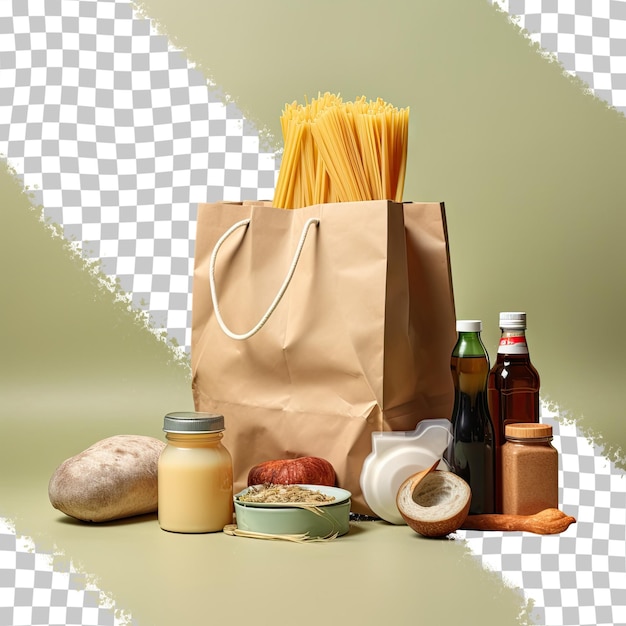 PSD un sac en papier avec des pâtes, du fromage et de la bière dessus