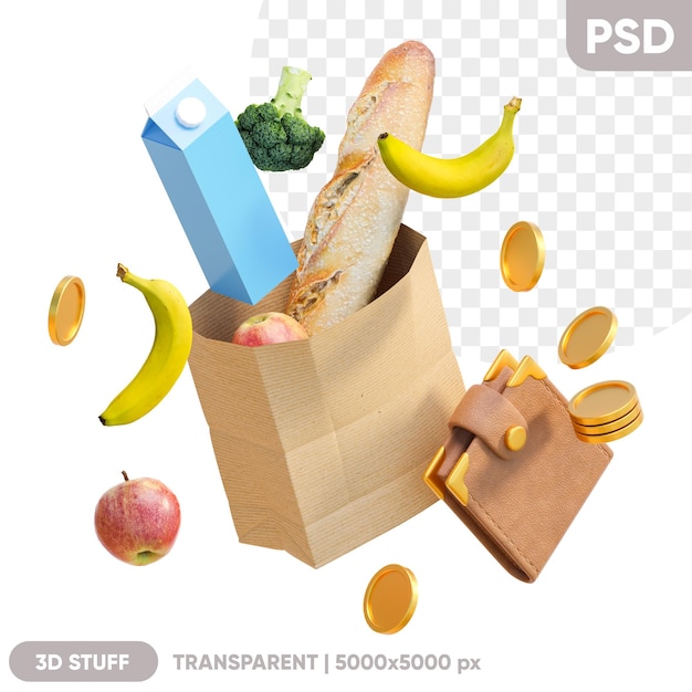 Sac en papier avec portefeuille en cuir de produits et pièces de monnaie sur fond transparent illustration 3d