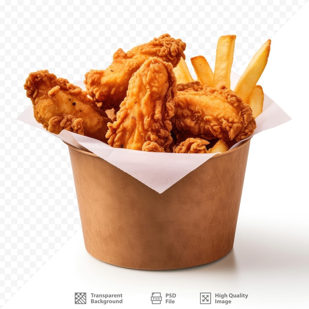 un sac en papier de poulet frit et de frites.