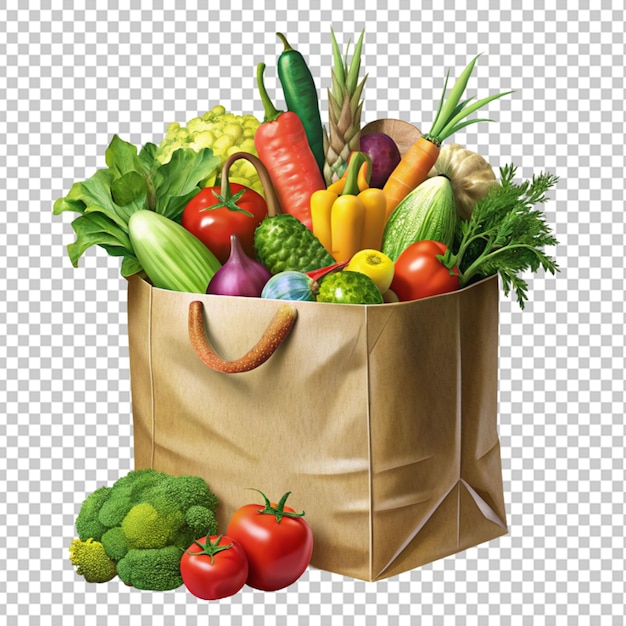 sac en papier recyclable rempli de légumes frais sur fond transparent