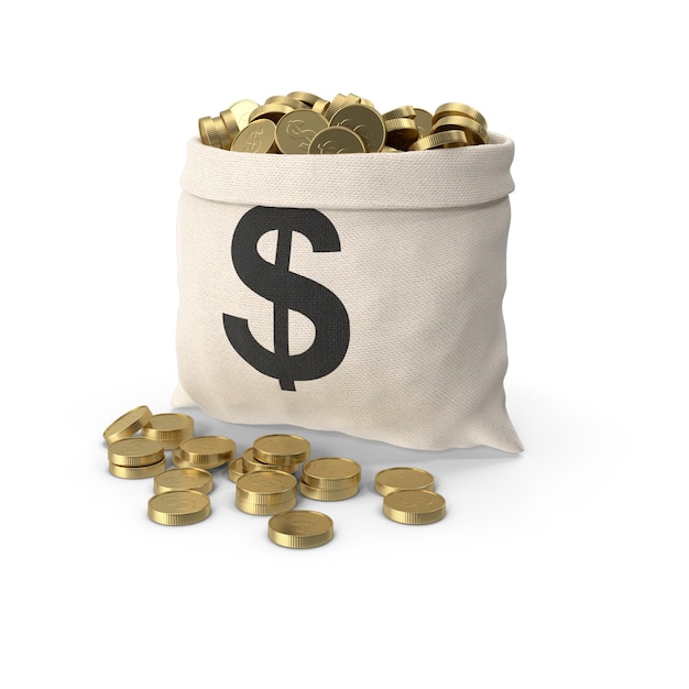 Un sac de pièces d'or avec un signe dollar