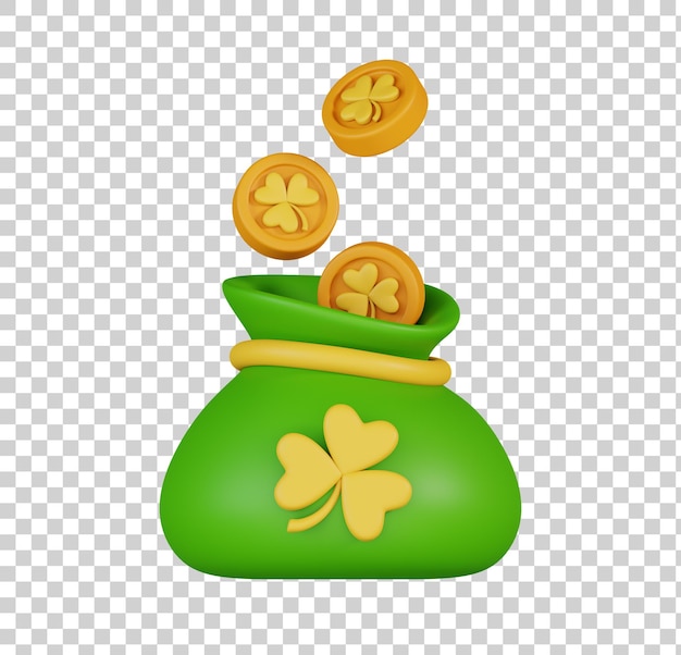 Un Sac De Pièces Vertes Avec Un Symbole De Trèfle à Trois Feuilles Isolé Happy St Patrick's Day Icon 3d Render