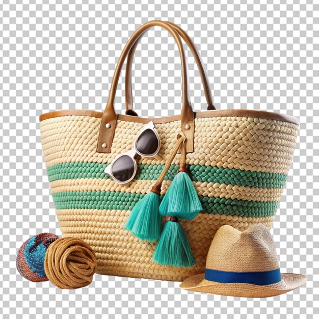 PSD sac de plage chic avec accessoires à fond isolé