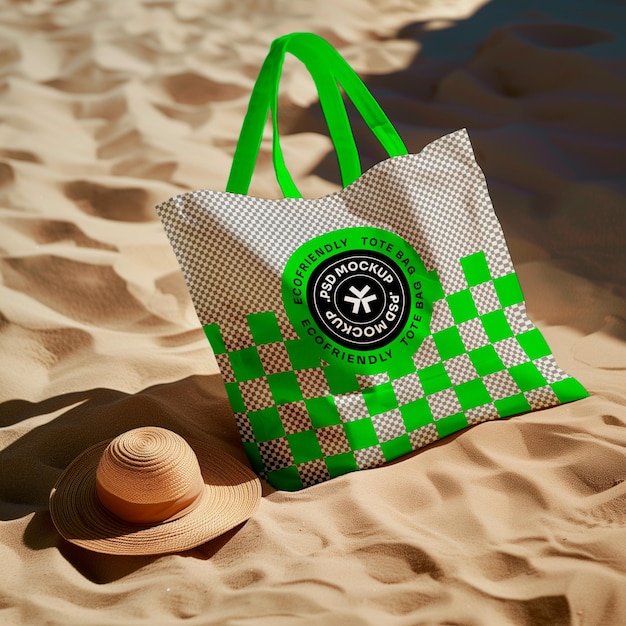 PSD un sac de tote sur une maquette de sable de plage