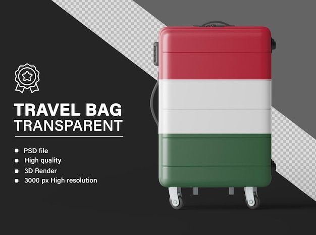 Sac de voyage 3D avec le drapeau de la Hongrie isolé sur un fond transparent