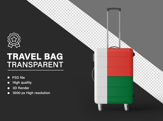 Sac de voyage 3D avec le drapeau de Madagascar isolé sur un fond transparent