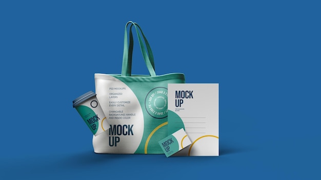 Sacchetto di tela tazza di carta letterhad buciness card mockup design isolato