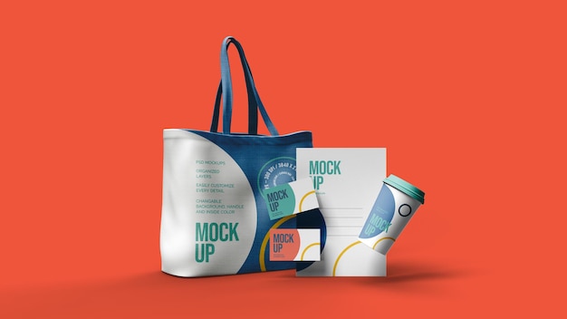 Sacchetto di tela tazza di carta letterhad buciness card mockup design isolato