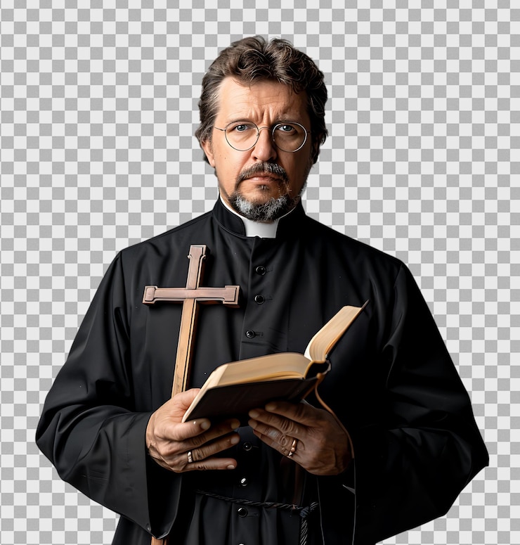 PSD sacerdote con una croce e una bibbia su uno sfondo trasparente