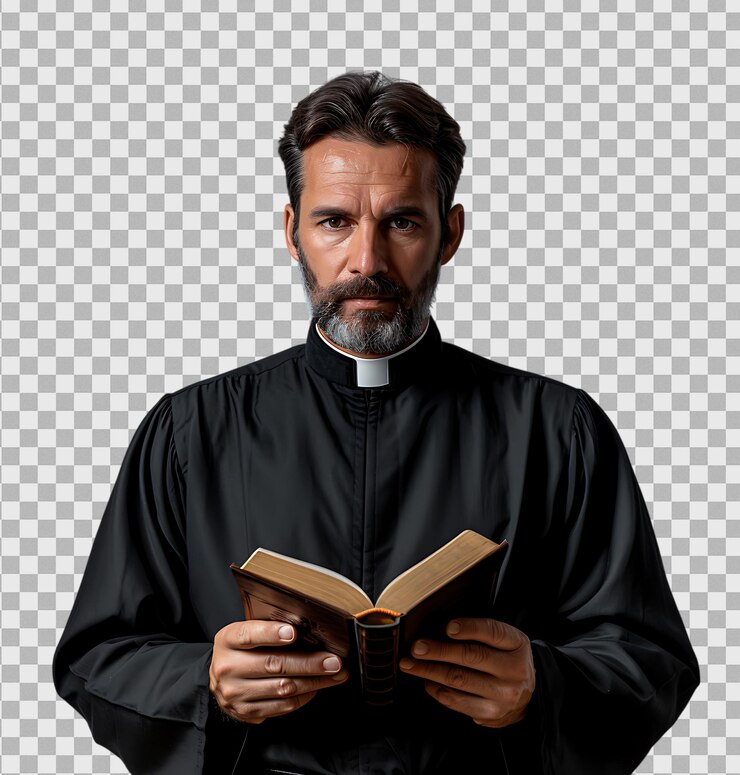 PSD sacerdote con una croce e una bibbia su uno sfondo trasparente