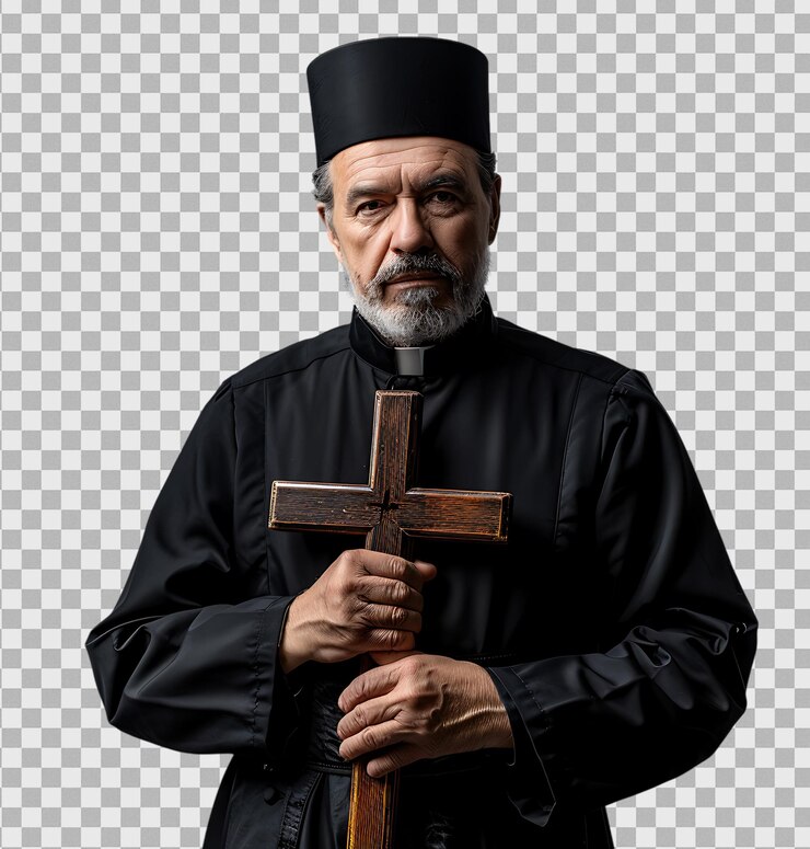 PSD sacerdote con una cruz y una biblia sobre un fondo transparente