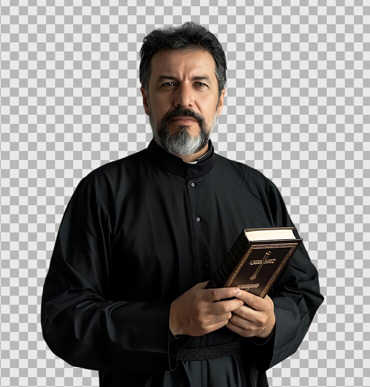 PSD sacerdote con una cruz y una biblia sobre un fondo transparente