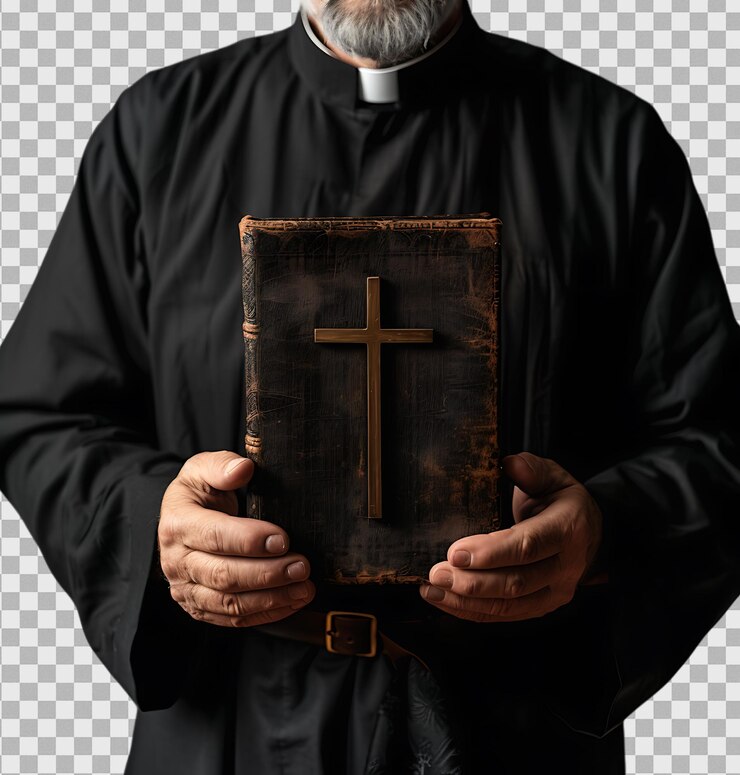 PSD sacerdote con una cruz y una biblia sobre un fondo transparente