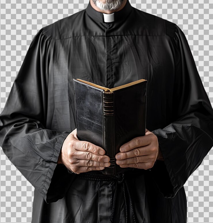 PSD sacerdote con una cruz y una biblia sobre un fondo transparente