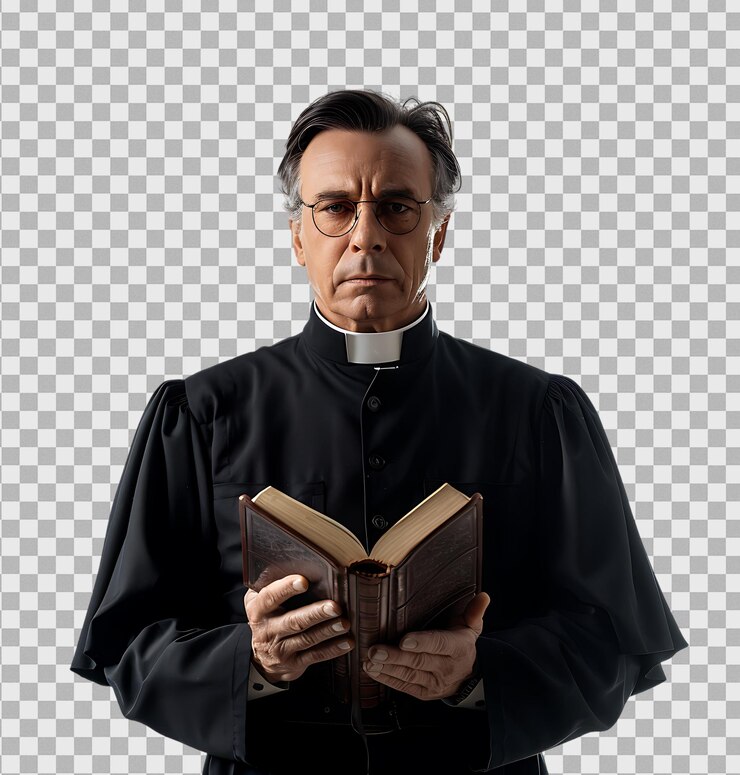 PSD sacerdote con una cruz y una biblia sobre un fondo transparente