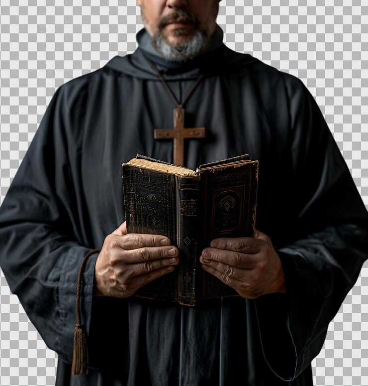 PSD sacerdote con una cruz y una biblia sobre un fondo transparente