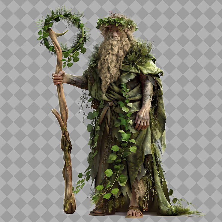PSD sacerdote místico druida de la naturaleza con forma delgada vestidos druidas ilustrados con personajes 3d aislados