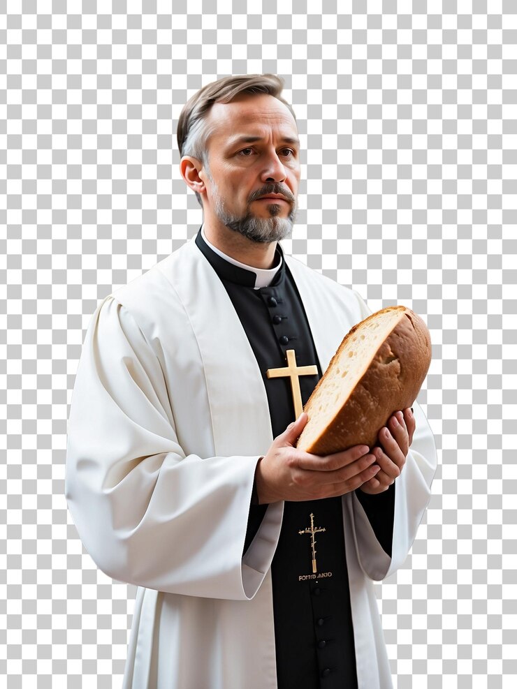 PSD un sacerdote con un sacerdote delante de una cruz con panes en ella