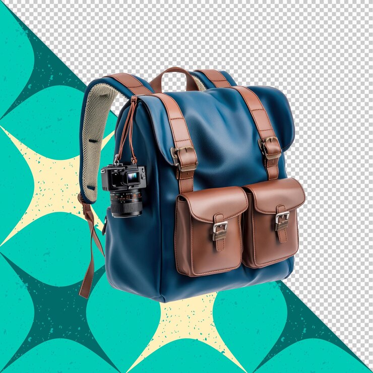 Sack teal con accenti in pelle marrone e fotocamera attaccata