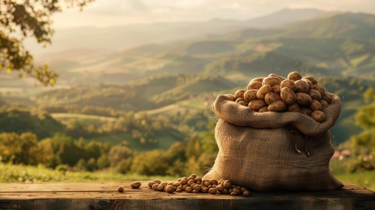 PSD un saco de arpillera rústico desbordado de patatas recién cosechadas se sienta en una mesa de madera contra un paisaje montañoso